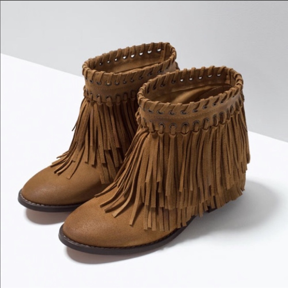 Zara Suede Finge Boho Wedge Ankle Boots
